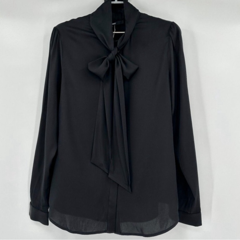 Quince Black Stretch Silk Tie Neck Blouse sz XS Women's Long Sleeve Shirt